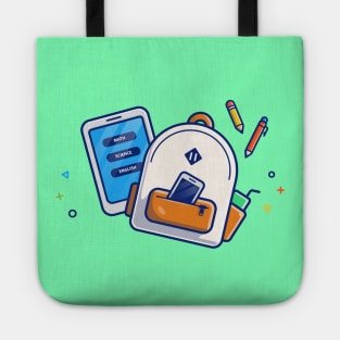 Backpack, Hand Phone, Tablet, Pen, And Pencil Cartoon Tote