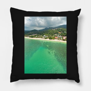 Aerial panoramic view of ocean, beach and blue cloudy sky Pillow