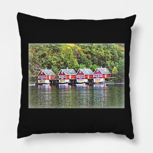 Red Boathouses at Flåm Pillow