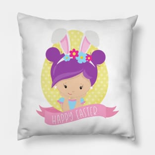 Easter Girl, Easter Egg, Purple Hair, Bunny Ears Pillow