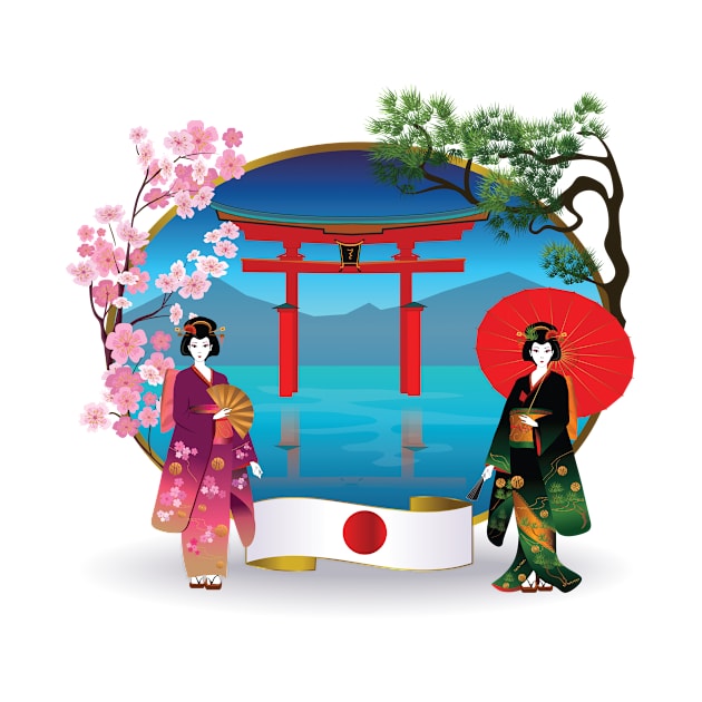 Geishas with Flag of Japan and Sakura by XOZ