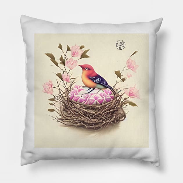 Bird in a Floral Nest Pillow by Greenbubble