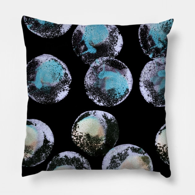 Simple abstract background with bubbles, confetti. Blue, rainbow watercolor dots (circles) on black. Perfect for greeting card, postcard, poster, logo, textile, fabric, packaging, wrapping paper. Pillow by Olesya Pugach