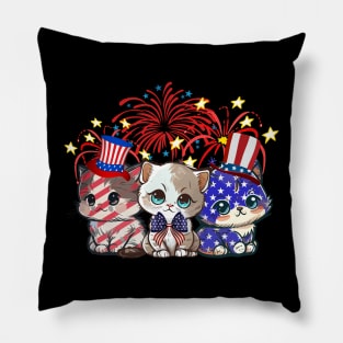 Funny Three Cat 4th Of July American Flag  Cat Pillow