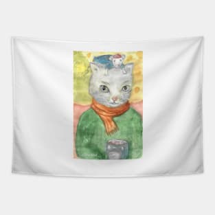Cat and mouse watercolor Tapestry