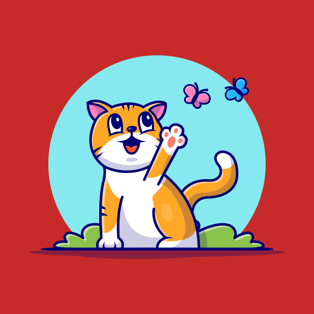 Cute Cat With Butterfly Cartoon Vector Icon Illustration by Catalyst Labs