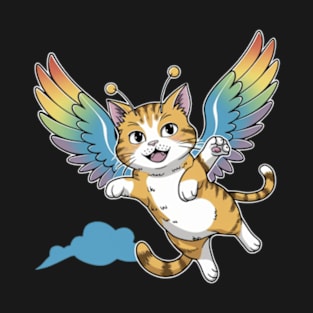 anime funny cat with wings in flying in sky T-Shirt