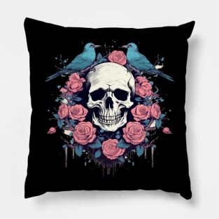 Skull with Roses and Birds Pillow