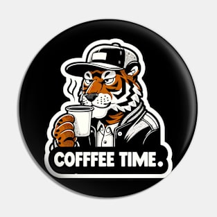 tiger drink cup of coffee with text coffee time Pin