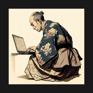 Japanese Man in Traditional Clothes Using Laptop T-Shirt