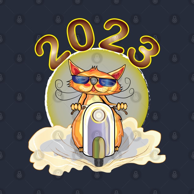 cat riding a scooter new year 2023 by ArticArtac