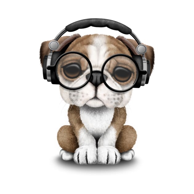 English Bulldog Puppy Dj Wearing Headphones and Glasses by jeffbartels