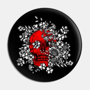 Red skull with white flowers Pin