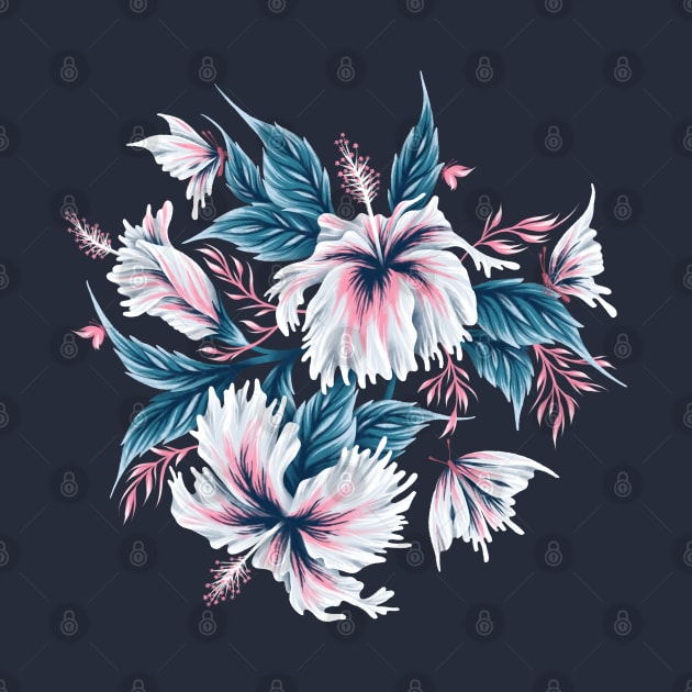 Hibiscus Butterflies - Navy Blue Pink by andreaalice