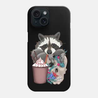 Raccoon with yummy and a skull in flowers Phone Case