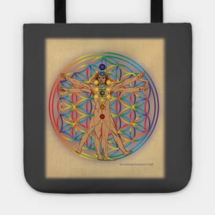 Virtruvian Man and Flower of Life on Parchment Tote