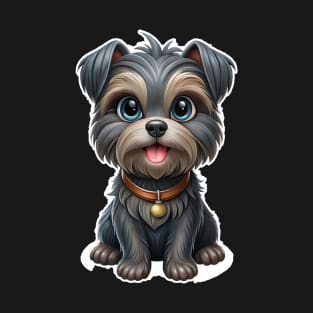 Expressive Affenpinscher with Blue Eyes, Fluffy Gray-Brown Coat, and Gold Tag Sticker