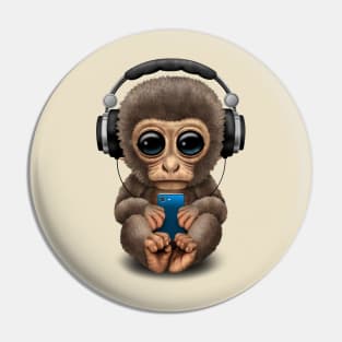 Cute Baby Monkey With Cell Phone Wearing Headphones Pin