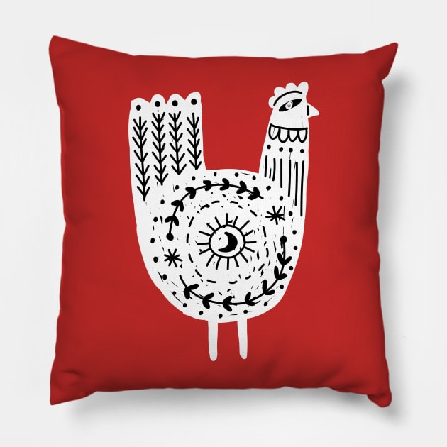 Folk Art Chicken in White and Black Pillow by Pixelchicken