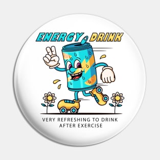 Energy drinks. Cartoon mascots, drink cans playing roller skates Pin