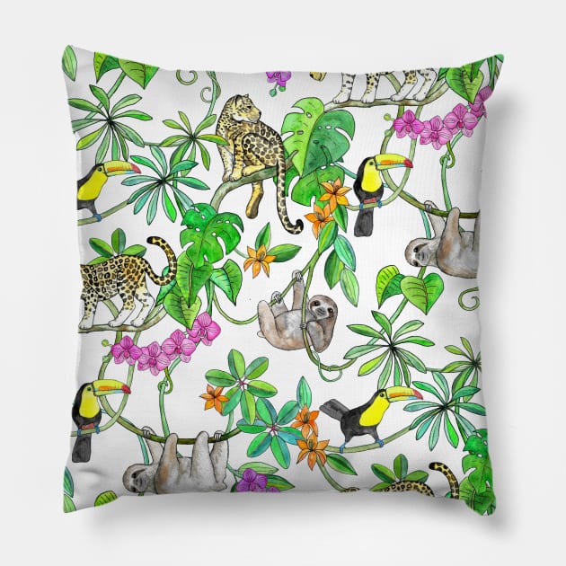 Rainforest Friends - watercolor animals on mint green Pillow by micklyn