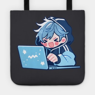Cute Anime boy using laptop Tote