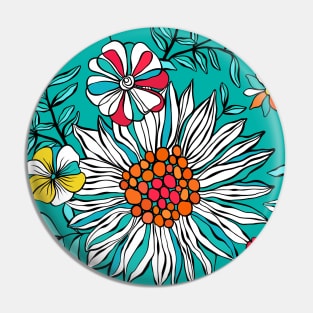 White Teal Yellow Orange Red Daisy Flowers Pin