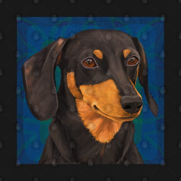 Black and Gold Dachshund Portrait on Blue by ibadishi