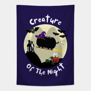 Creature of the Night Black Cat Witch Halloween Art Tapestry