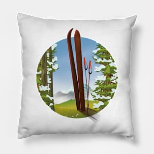 Retro cartoon ski travel logo Pillow