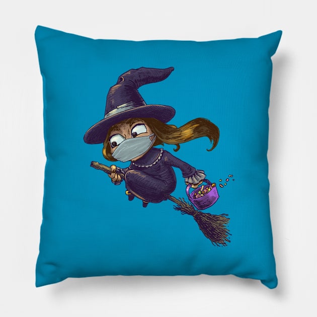 Halloween cute witch trick or treat face mask Pillow by Carlos CD