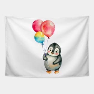 baby penguin holds balloon Tapestry