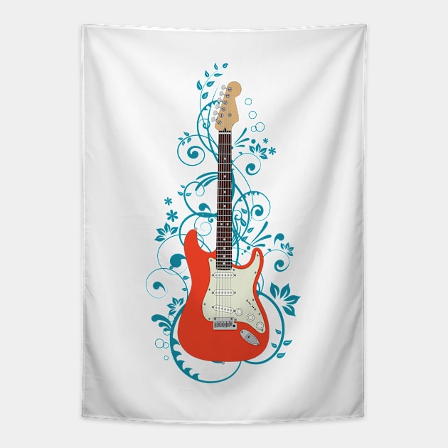 Red S-Style Electric Guitar Flowering Vines Tapestry by nightsworthy