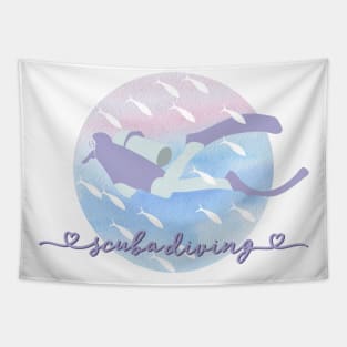 I Love Scuba Diving Pastel Purple Watercolor Aesthetic Tapestry