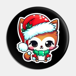 Cute Adorable Chibi Kawaii Baby Fox Wearing Red Christmas Hat Pin