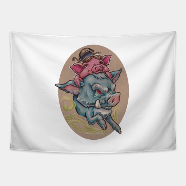 Piggy riding Hog (or a Hog Riding Piggie?) Tapestry by justteejay