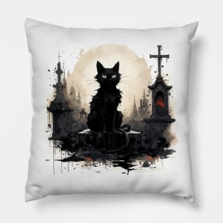 Nocturnal Guardian - Black Cat at the Cemetery Pillow