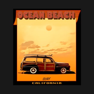 Ocean Beach California Surf Woody Wagon T-Shirt