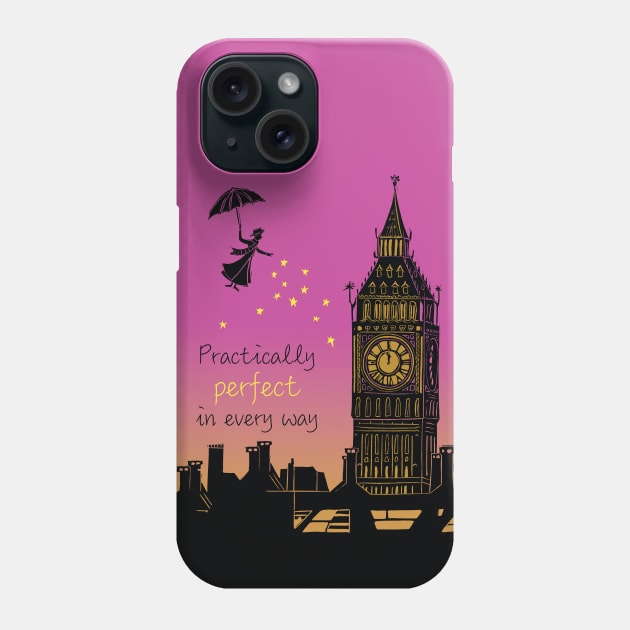 Mary Poppins Practically Perfect in Every Way Sunset Linocut Phone Case by Maddybennettart