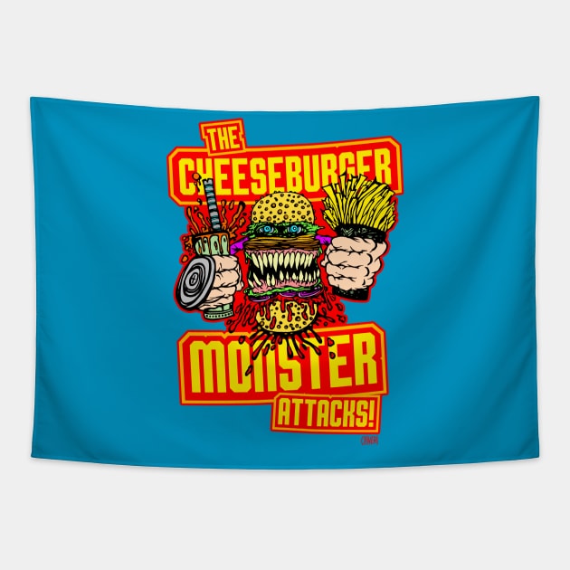 The Cheeseburger Monster Attacks! Tapestry by peteoliveriart