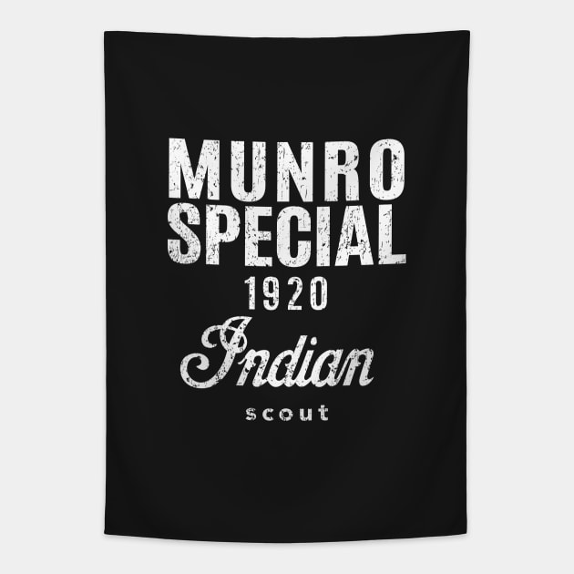 Munro Special - 'The world's fastest Indian' - worn white print Tapestry by retropetrol