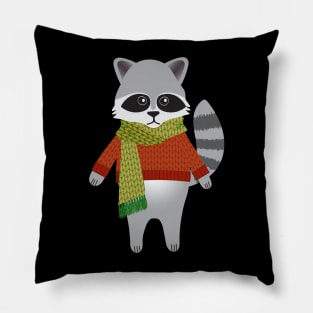 Woodland raccoon in a winter sweater and scarf Pillow