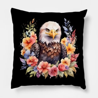 A bald eagle decorated with beautiful watercolor flowers Pillow