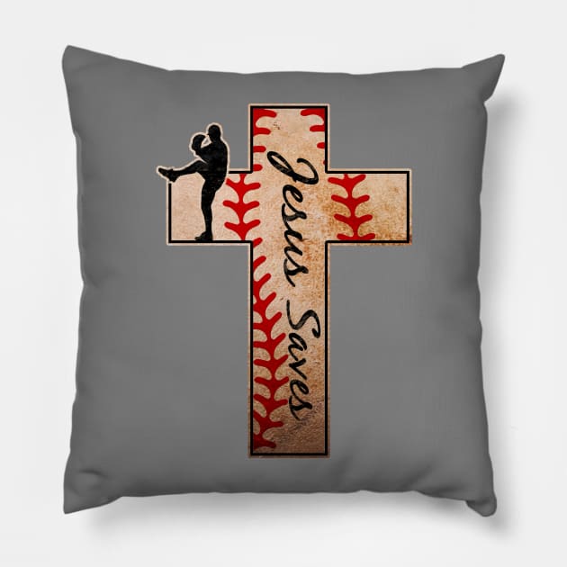 Jesus Saves Baseball Pitcher Christian Cross Pillow by TeeCreations