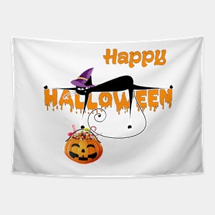 Pumpkin, Black Cat, and Treat- Happy Halloween Delight! Tapestry