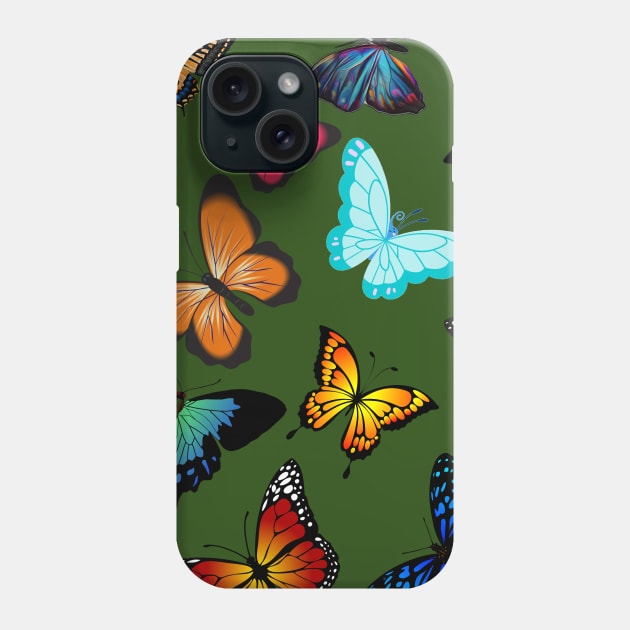 Colorful butterflies green background Phone Case by Ekkoha