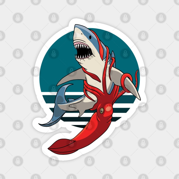 Great white shark and giant squid Magnet by TMBTM