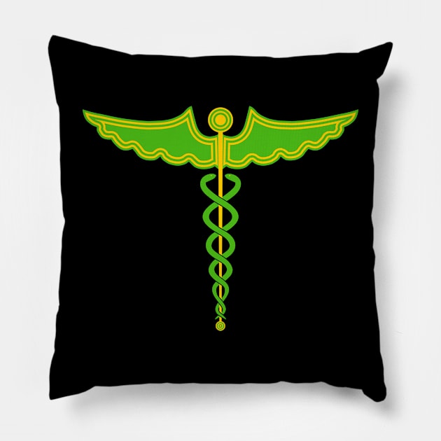 Caduceus Staff of Hermes Green & Yellow Pillow by Wareham Spirals