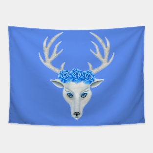 White Deer Head Antlers Blue Roses Tapestry