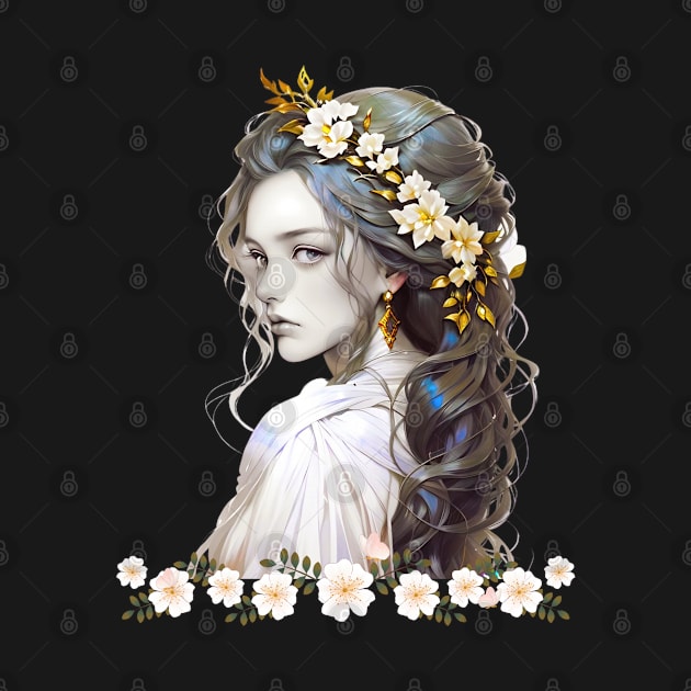 a girl with long hair and flowers in her hair by Heawonshop